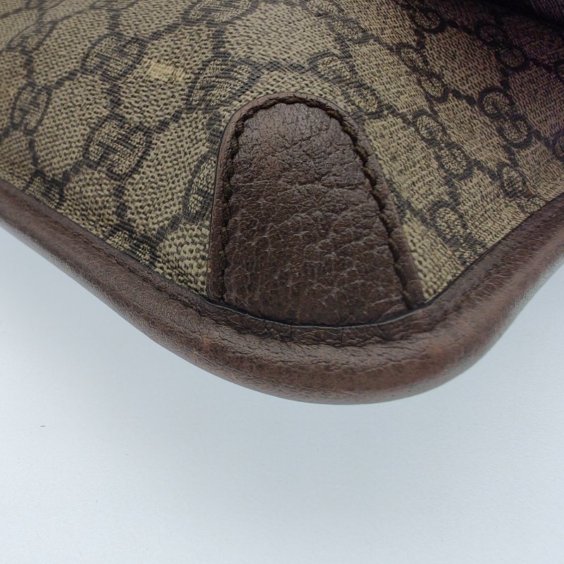 GUCCI古馳 Neo Vintage系列 燙金標誌老花滿印虎頭裝飾條紋肩帶 帆布拼皮 郵差包 腰包斜挎包 小號 男款 烏木色棕色-5