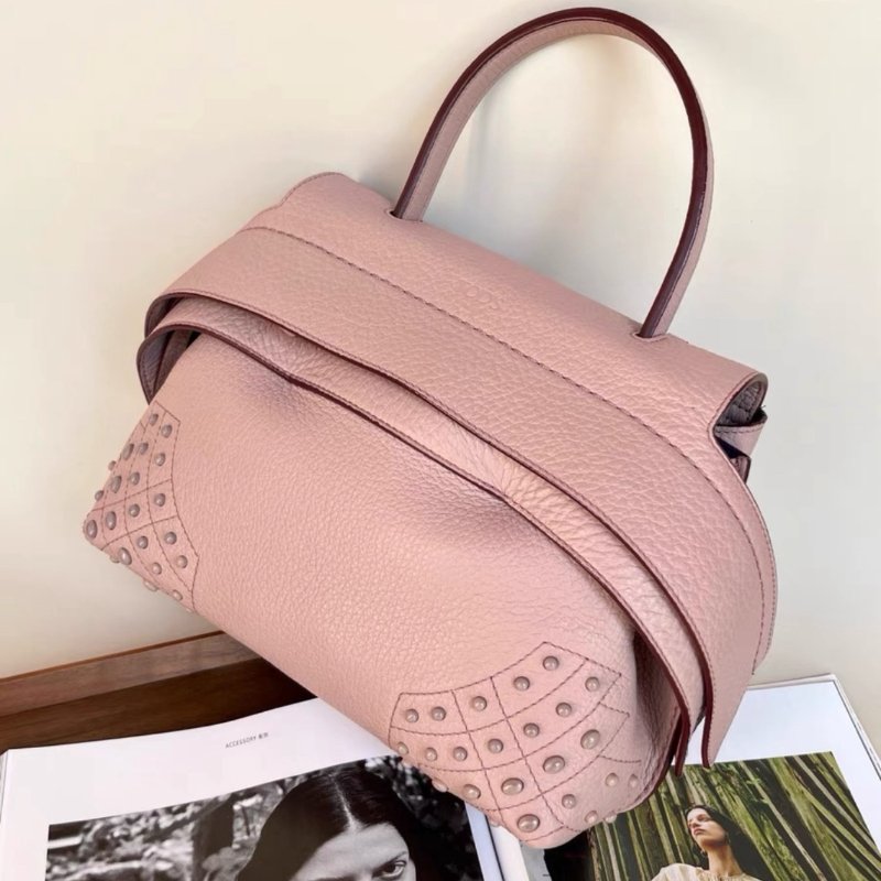 tods 櫻花粉色荔枝皮中號wave大嘴包 27*22*13 99新配件塵袋-1