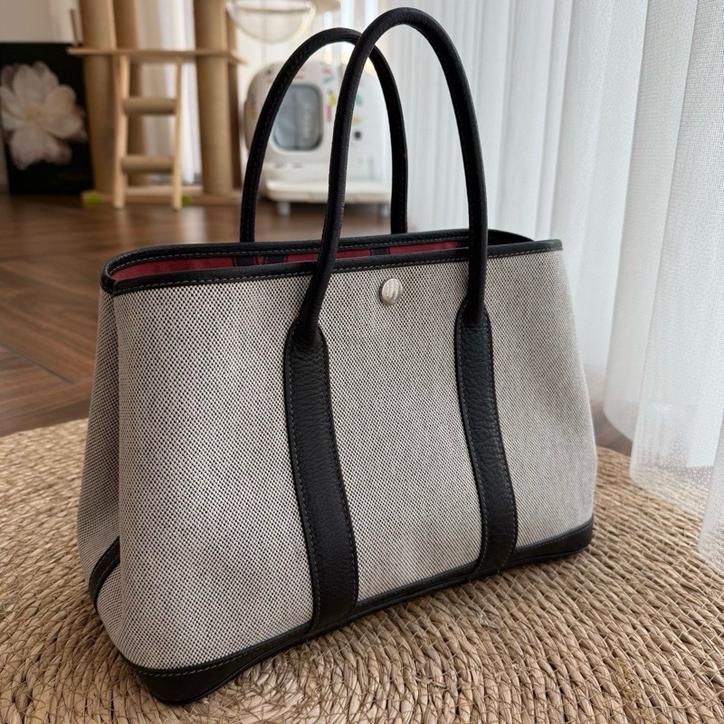 hermes花園帆布拼皮黑白熊貓花園30聖誕紅內里限定款(限定款本身就無刻印)-1