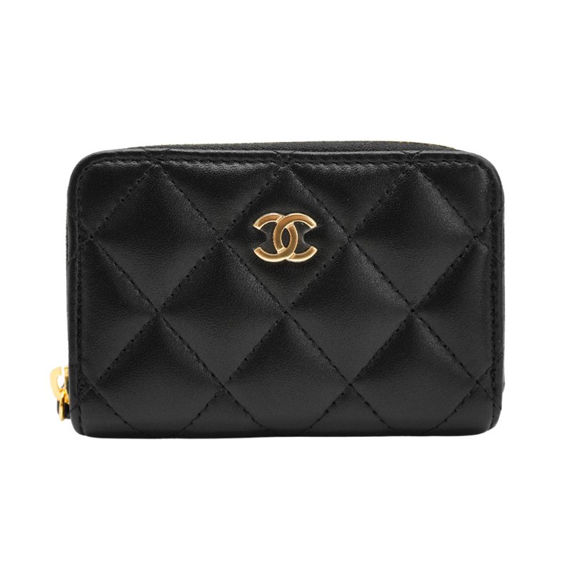 Chanel 雙C金logo羊皮拉鍊卡夾/零錢包(AP0216-黑)-0