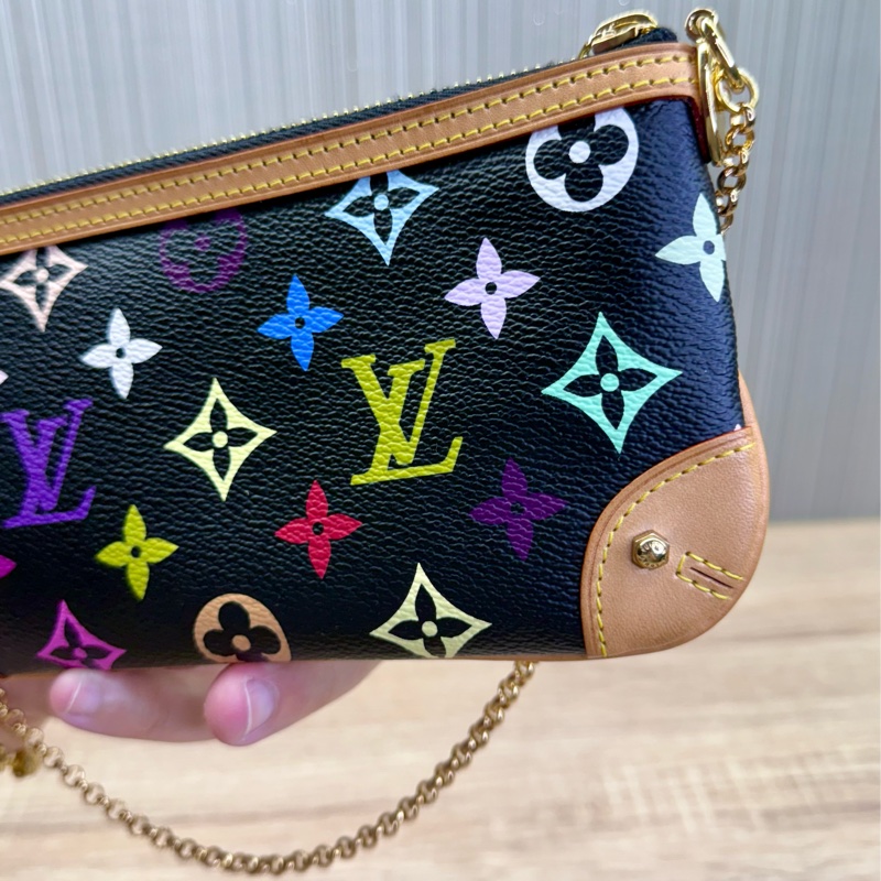 LV M60096 Milla 限量絕版村上隆黑彩麻將包手拿包-9