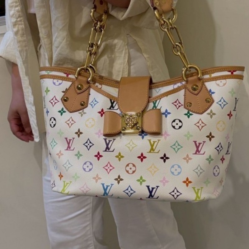 LV 白彩蝴蝶結金釦大托特包 絕版季節款-5