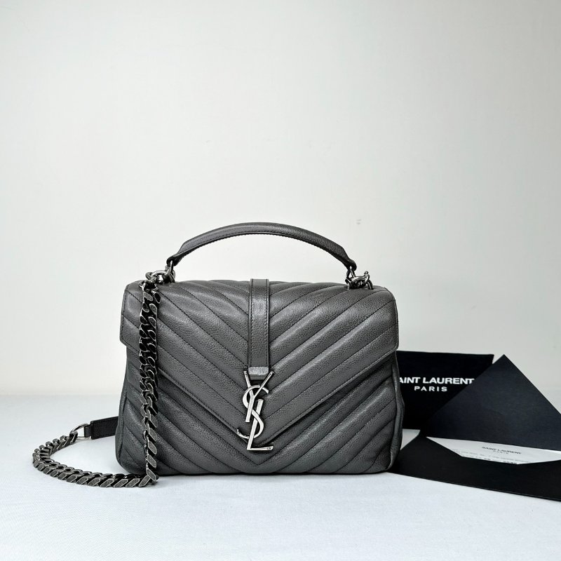 YSL 灰色全皮銀鏈學院包-0