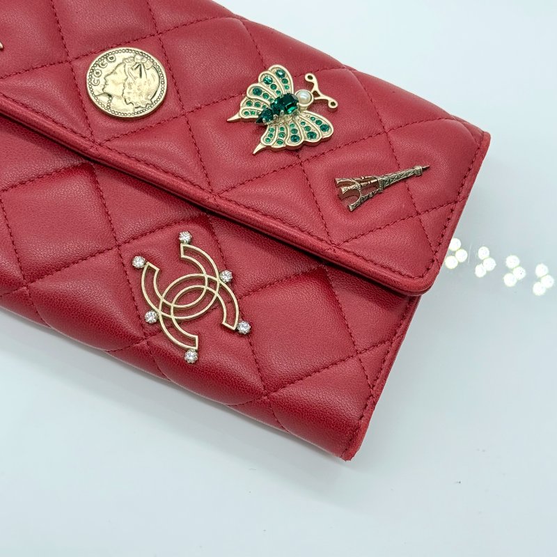 （🌟2014 年台灣限定款）CHANEL 蝴蝶 徽章 香水 巴黎鐵塔 辣椒紅 羊皮 長夾 錢包-8