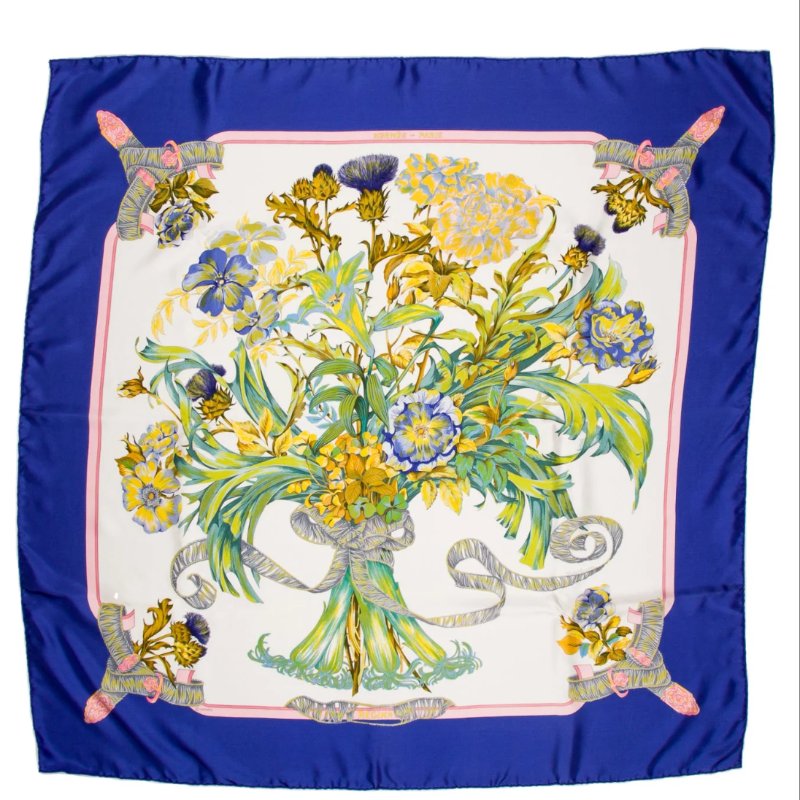 HERMÈS 愛馬仕 REGINA 女王陛下 海軍藍 多色 百合花束 90cm 絲巾 方巾-0