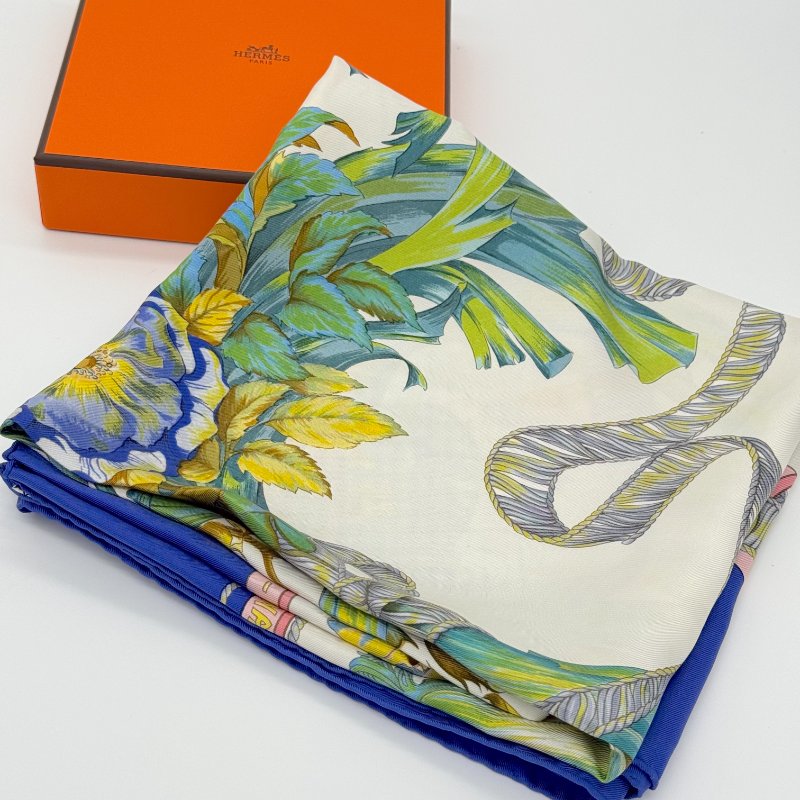 HERMÈS 愛馬仕 REGINA 女王陛下 海軍藍 多色 百合花束 90cm 絲巾 方巾-1