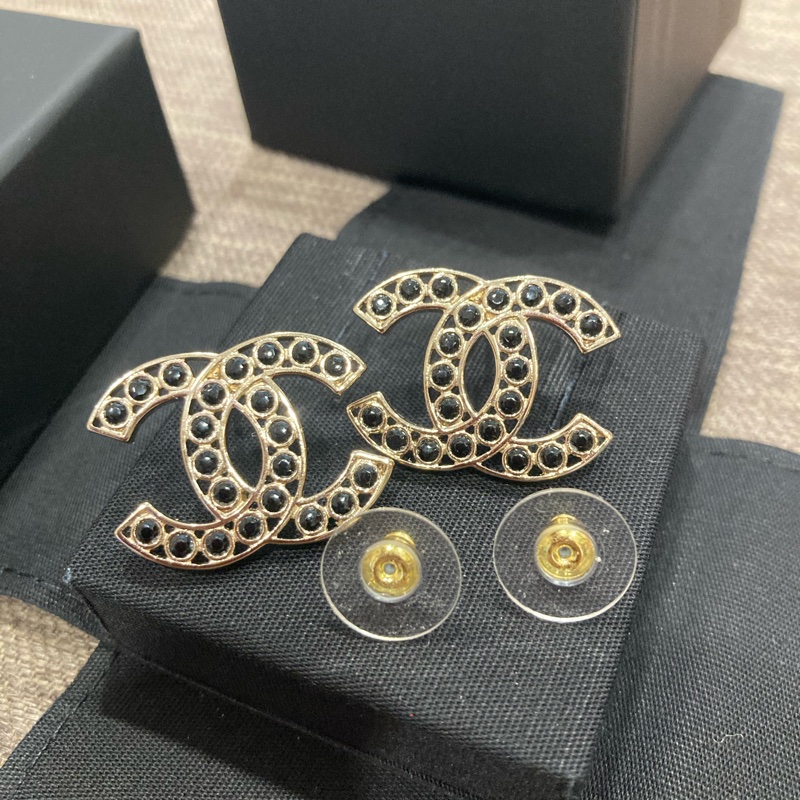 香奈兒chanel 黑珠珠串起 大logo 耳針 耳環 二手商品🇹🇼-3