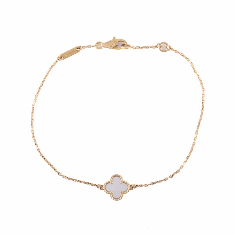 VAN CLEEF&ARPELS(梵克雅寶) Sweet Alhambra 小號單花手鏈 新扣 18K黃金/白貝母 S-M碼 黃金-5