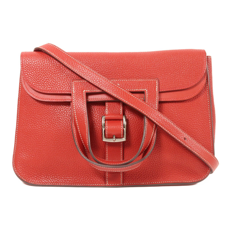 HERMES Togo皮革Halzan 31銀扣手挽肩背兩用袋Rouge Casaque-0
