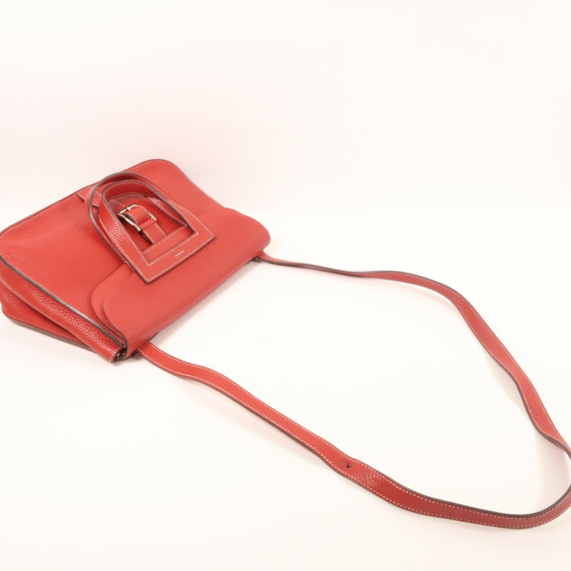 HERMES Togo皮革Halzan 31銀扣手挽肩背兩用袋Rouge Casaque-7