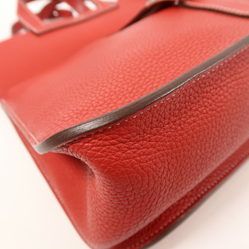 HERMES Togo皮革Halzan 31銀扣手挽肩背兩用袋Rouge Casaque-10