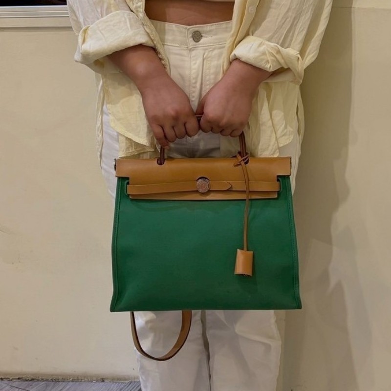 Hermes 銀釦綠布herbag 31-2
