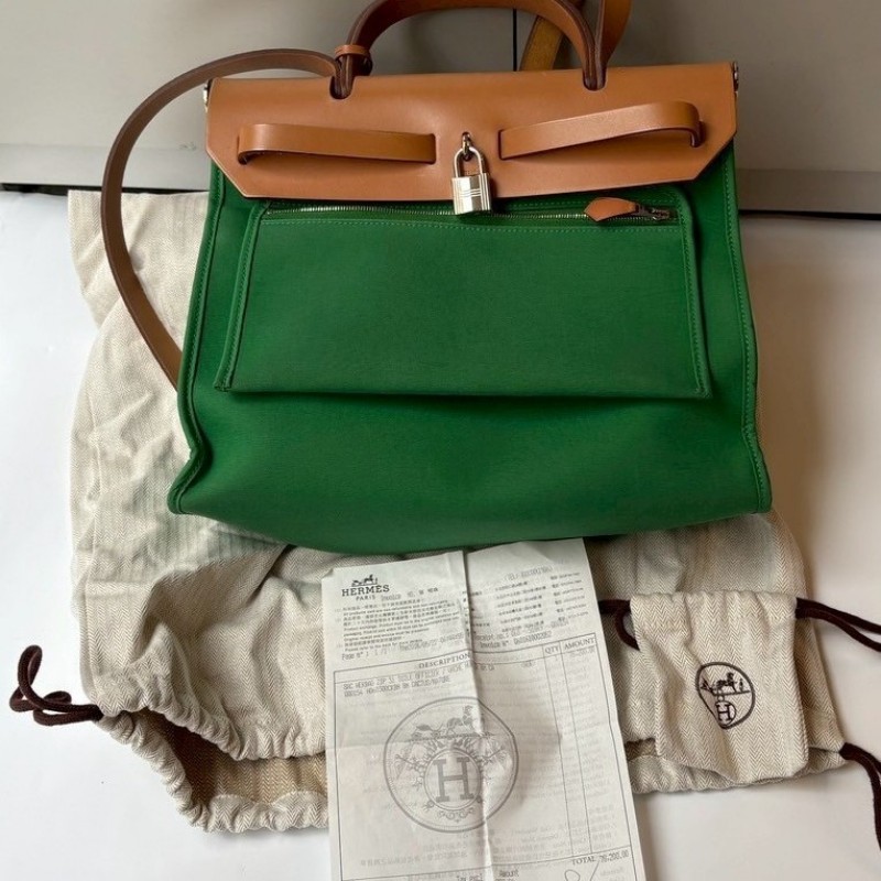 Hermes 銀釦綠布herbag 31-4