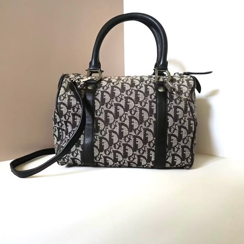 【LA LUNE】稀有中古包 Dior黑灰色老花波士頓包 斜背包 側背包 單肩包包-0