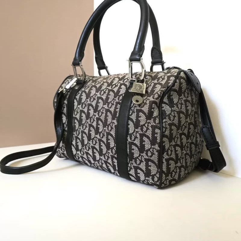 【LA LUNE】稀有中古包 Dior黑灰色老花波士頓包 斜背包 側背包 單肩包包-2