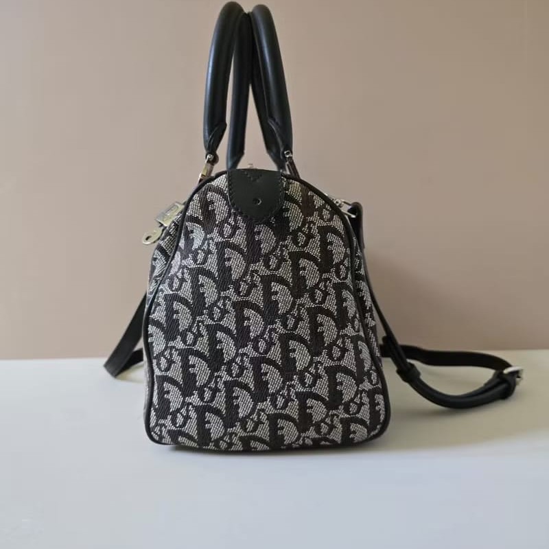 【LA LUNE】稀有中古包 Dior黑灰色老花波士頓包 斜背包 側背包 單肩包包-3