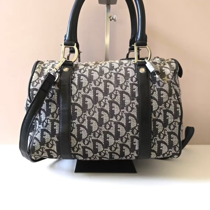 【LA LUNE】稀有中古包 Dior黑灰色老花波士頓包 斜背包 側背包 單肩包包-4