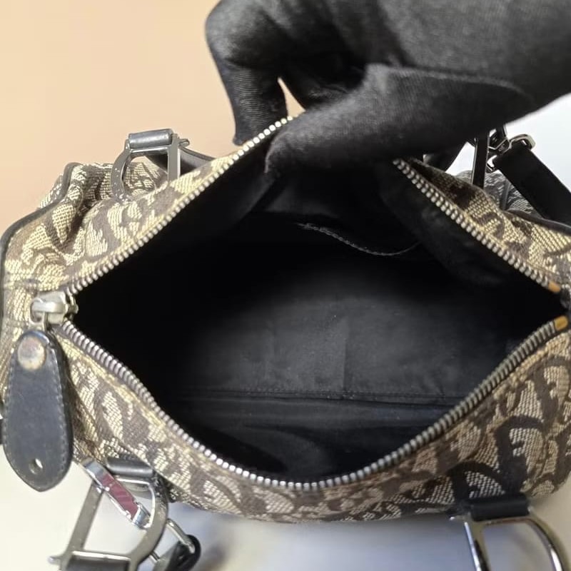 【LA LUNE】稀有中古包 Dior黑灰色老花波士頓包 斜背包 側背包 單肩包包-5
