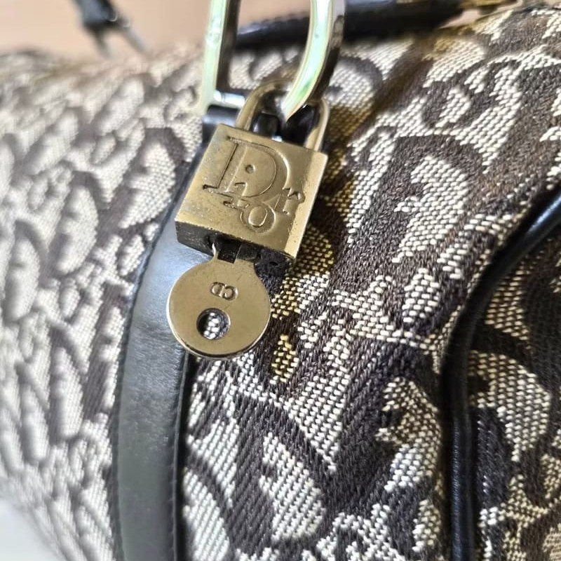 【LA LUNE】稀有中古包 Dior黑灰色老花波士頓包 斜背包 側背包 單肩包包-7