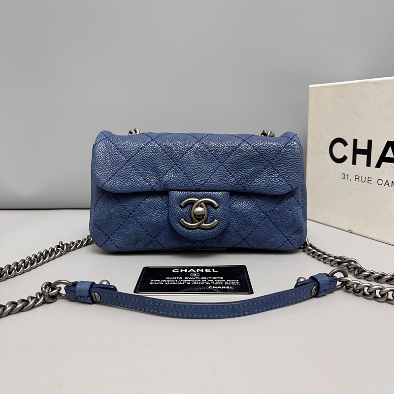 Chanel香奈兒 荔枝紋深藍色銀扣cf大mini鏈條包-0