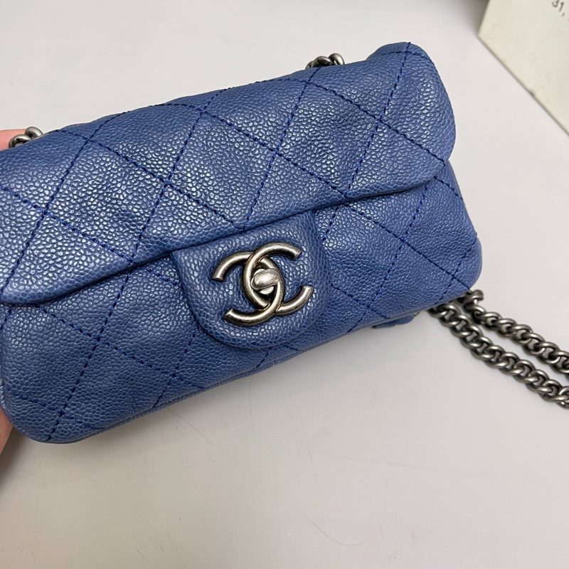 Chanel香奈兒 荔枝紋深藍色銀扣cf大mini鏈條包-2