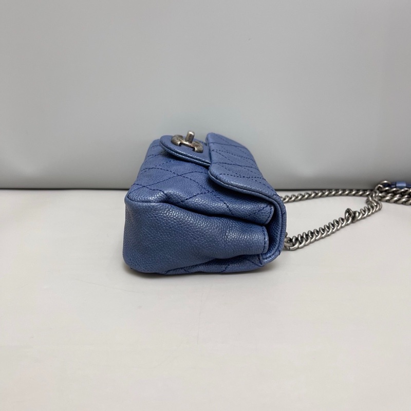 Chanel香奈兒 荔枝紋深藍色銀扣cf大mini鏈條包-3
