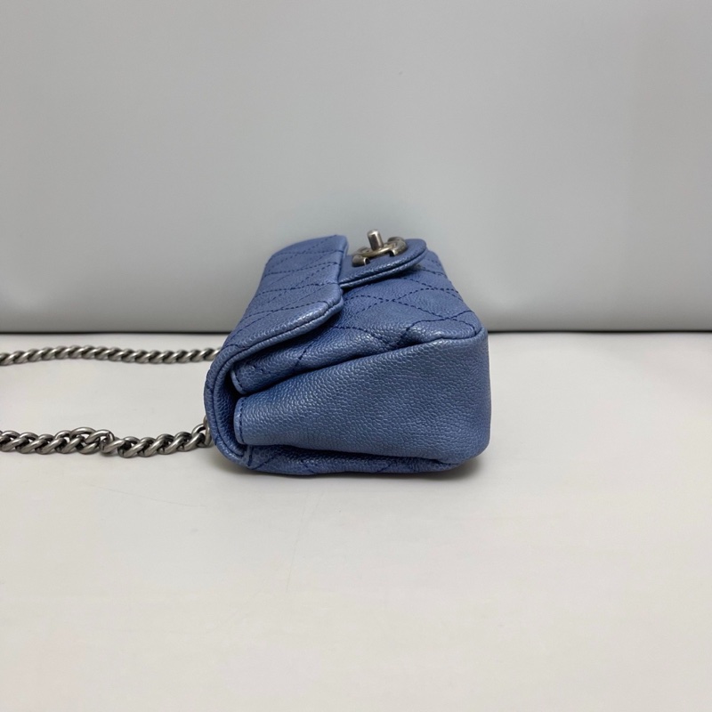 Chanel香奈兒 荔枝紋深藍色銀扣cf大mini鏈條包-4