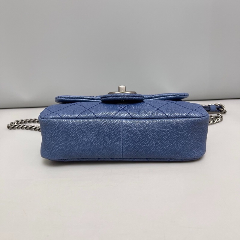 Chanel香奈兒 荔枝紋深藍色銀扣cf大mini鏈條包-5