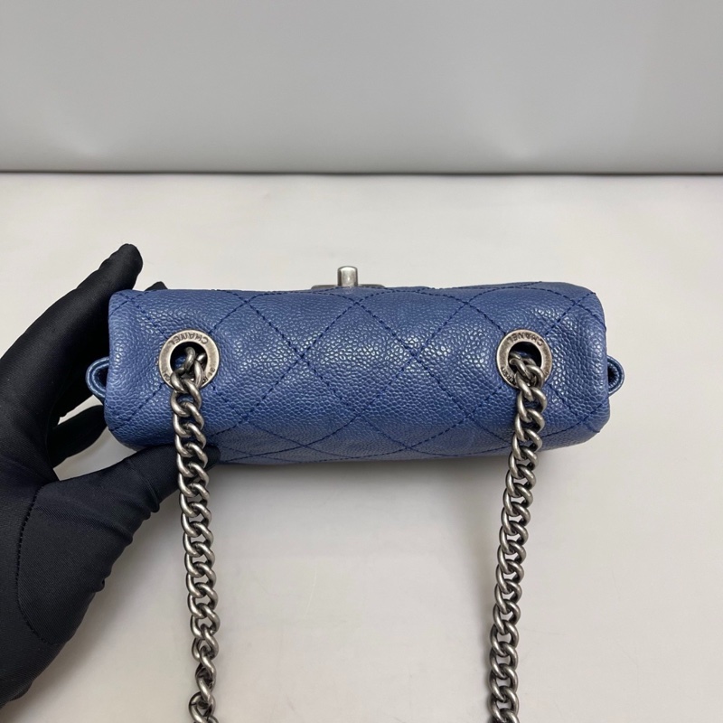 Chanel香奈兒 荔枝紋深藍色銀扣cf大mini鏈條包-6