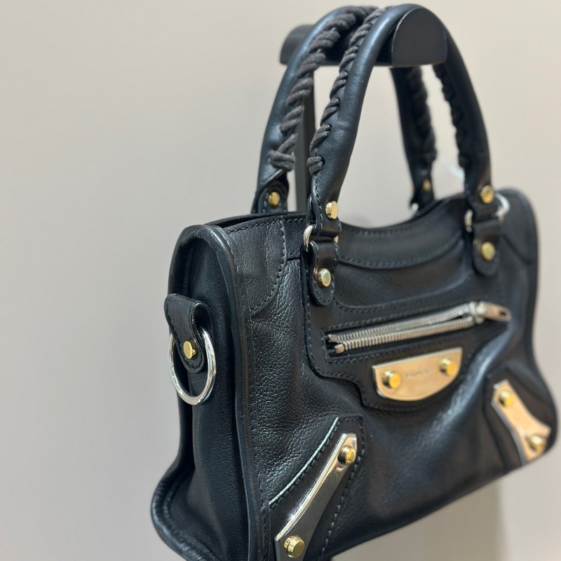 Balenciaga/巴黎世家 機車包 黑銀 黑色鴛鴦扣金屬 無鏡子有肩帶-3