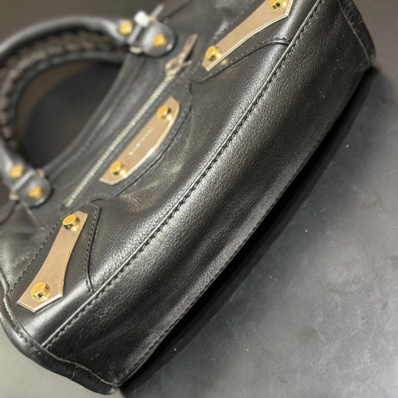 Balenciaga/巴黎世家 機車包 黑銀 黑色鴛鴦扣金屬 無鏡子有肩帶-4