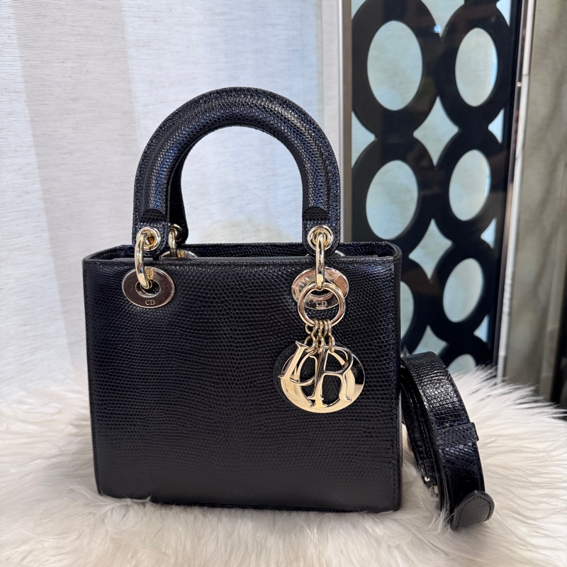 Dior LadyDior 黑蜥蜴皮淡金釦小號黛妃包-0