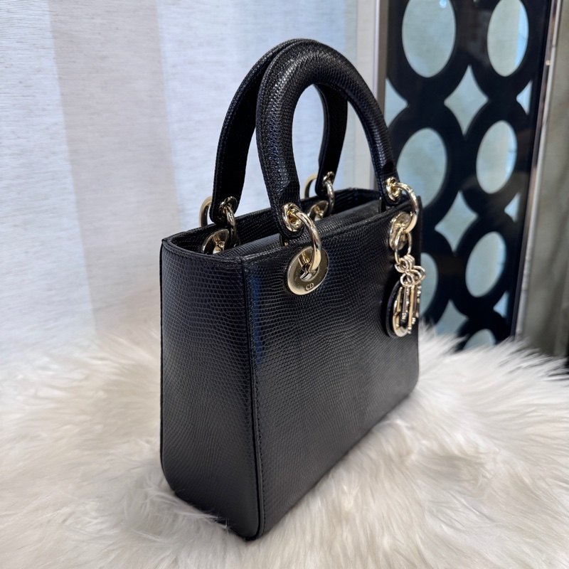 Dior LadyDior 黑蜥蜴皮淡金釦小號黛妃包-2