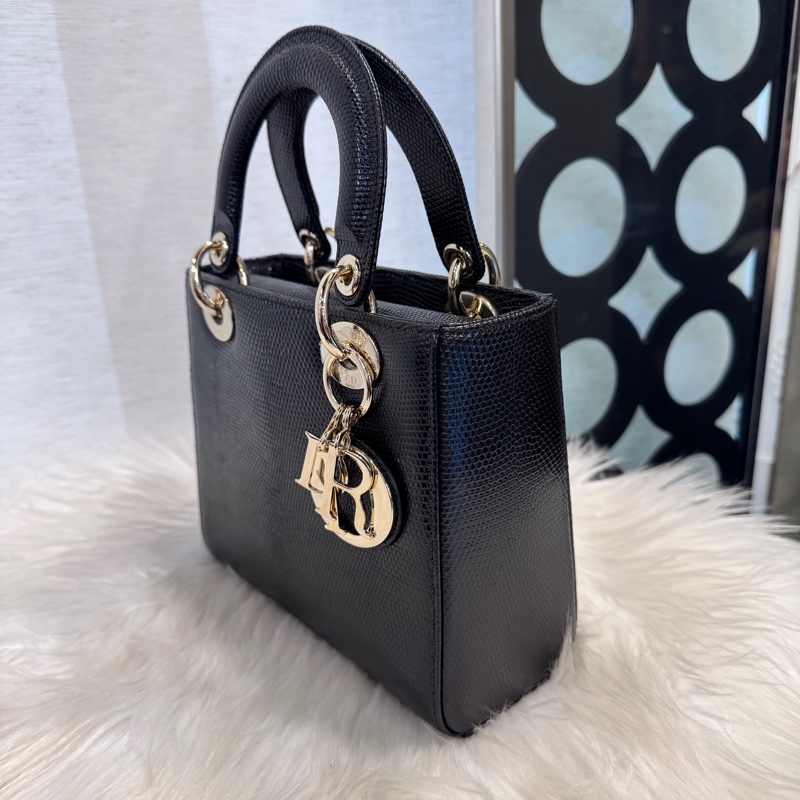 Dior LadyDior 黑蜥蜴皮淡金釦小號黛妃包-3