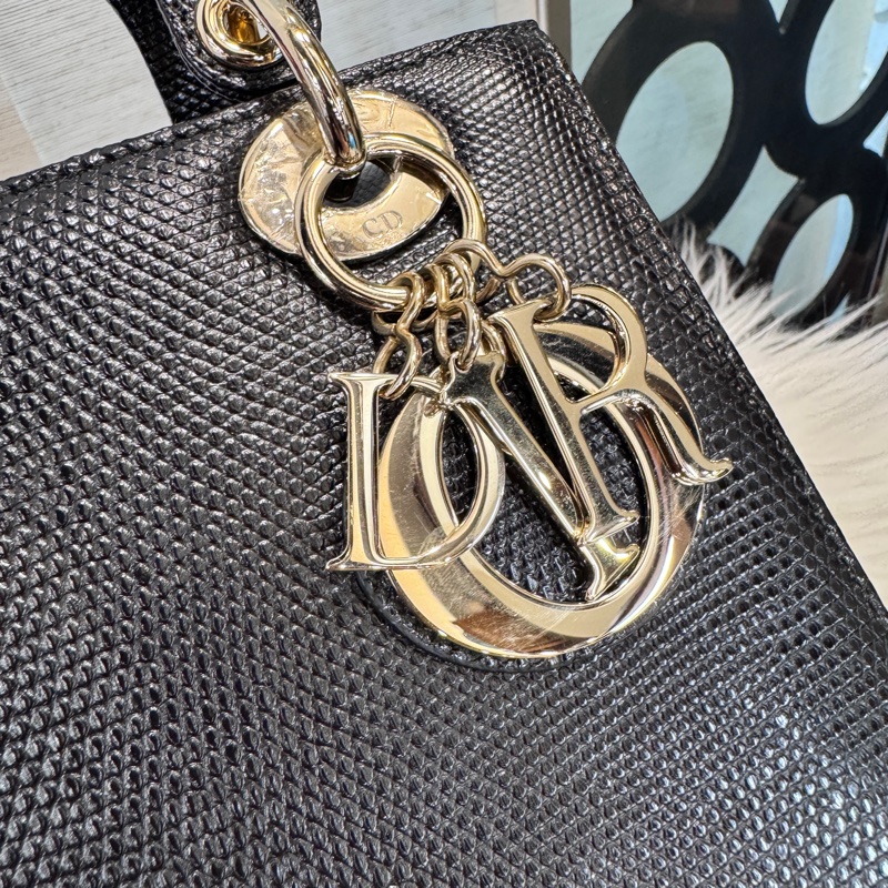 Dior LadyDior 黑蜥蜴皮淡金釦小號黛妃包-7