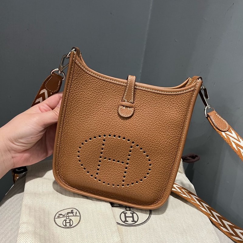Hermes 愛馬仕 mini evelyne 16 金棕 銀釦-0