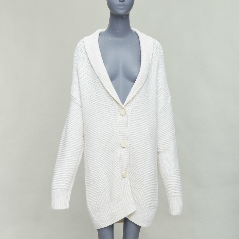 HERMES 100% cashmere off white leather logo buttons oversized cardigan FR34 XS-0