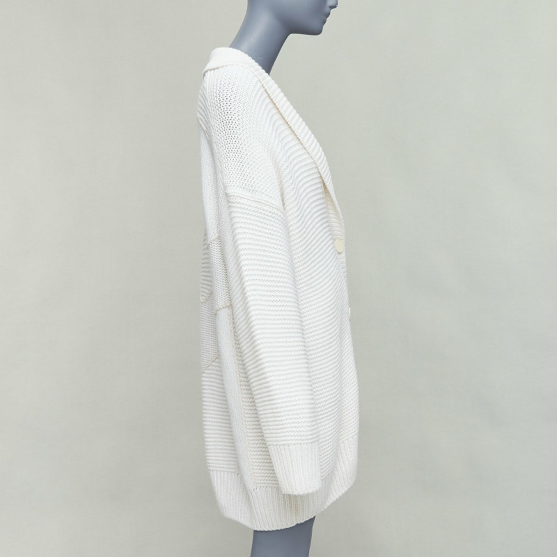 HERMES 100% cashmere off white leather logo buttons oversized cardigan FR34 XS-3
