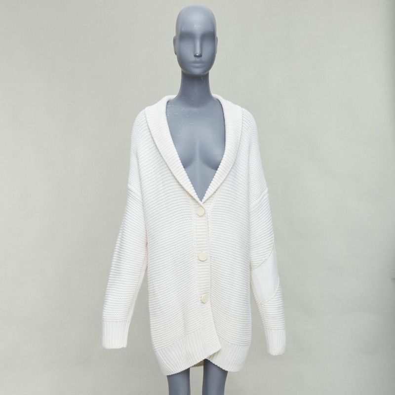 HERMES 100% cashmere off white leather logo buttons oversized cardigan FR34 XS-8