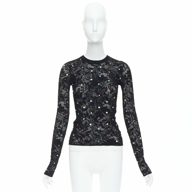 LOUIS VUITTON 2024 black multiclor jewel floral lace pullover S-9