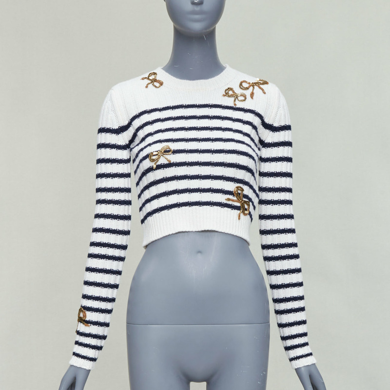 VALENTINO 2023 cream virgin wool gold sequin ribbon striped crop sweater XS-0
