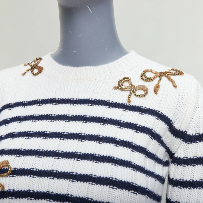 VALENTINO 2023 cream virgin wool gold sequin ribbon striped crop sweater XS-1