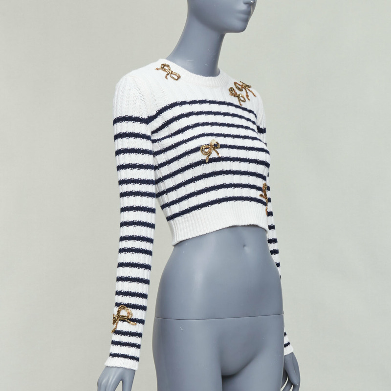 VALENTINO 2023 cream virgin wool gold sequin ribbon striped crop sweater XS-2