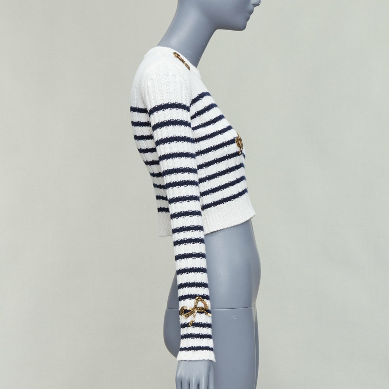 VALENTINO 2023 cream virgin wool gold sequin ribbon striped crop sweater XS-3