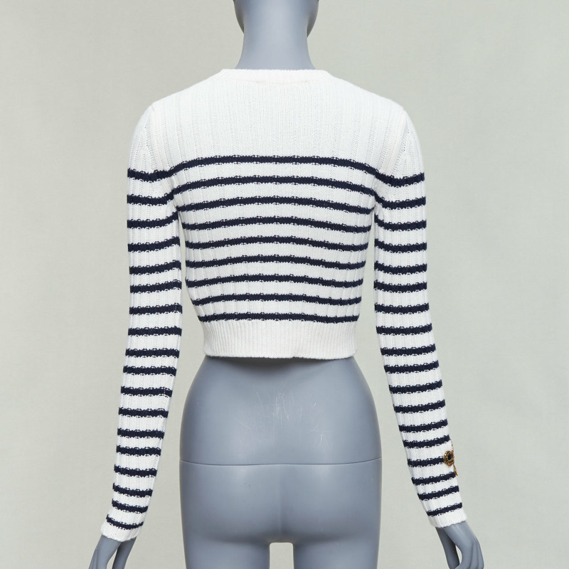 VALENTINO 2023 cream virgin wool gold sequin ribbon striped crop sweater XS-4