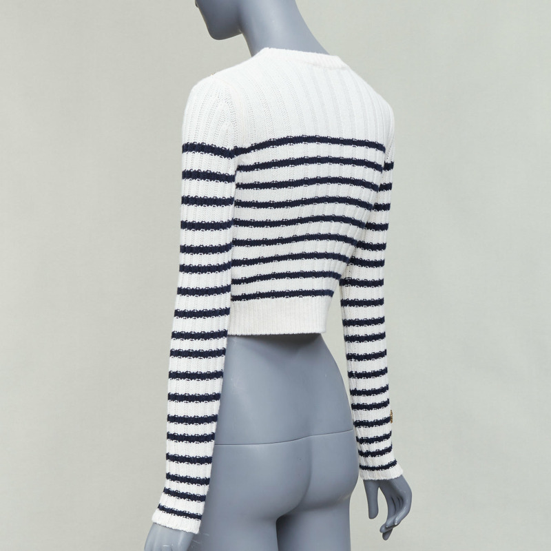 VALENTINO 2023 cream virgin wool gold sequin ribbon striped crop sweater XS-5