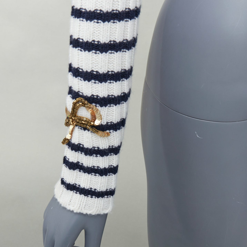 VALENTINO 2023 cream virgin wool gold sequin ribbon striped crop sweater XS-6