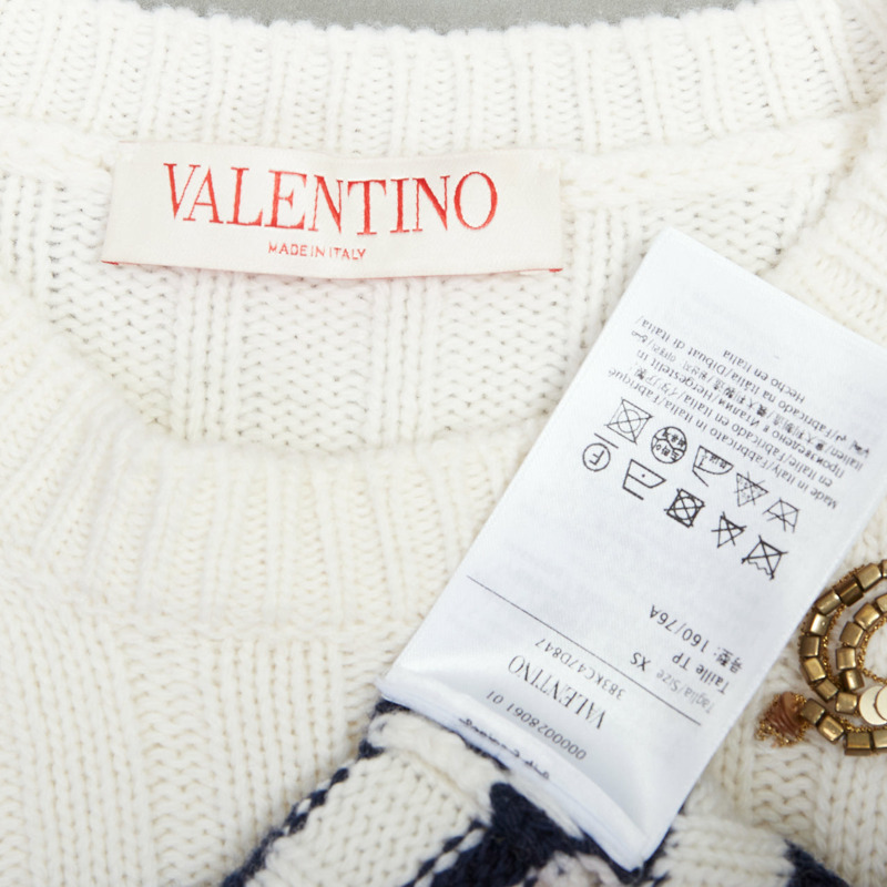 VALENTINO 2023 cream virgin wool gold sequin ribbon striped crop sweater XS-7