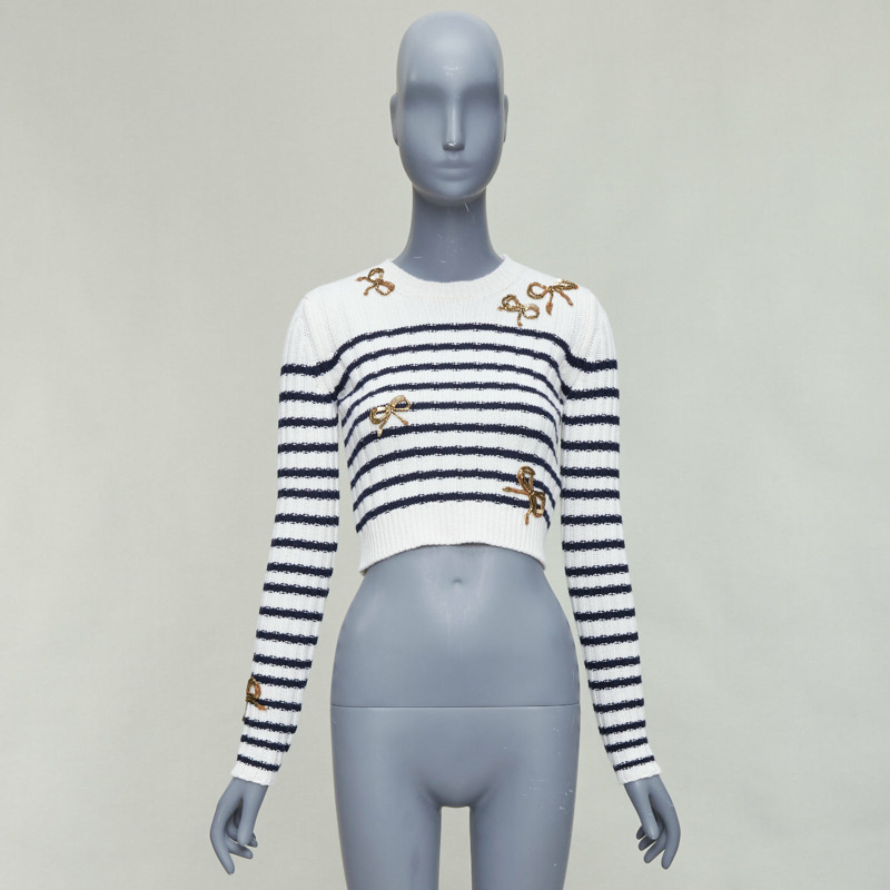 VALENTINO 2023 cream virgin wool gold sequin ribbon striped crop sweater XS-8