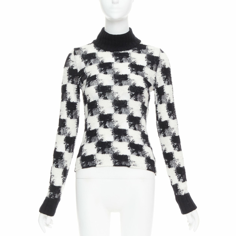 DIOR ChecknDior black white cashmere check sheer turtleneck sweater FR34 XS-0